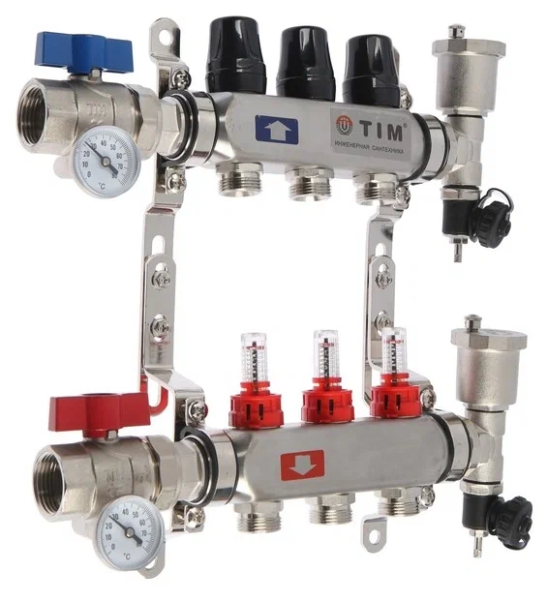 Колл. группа  1"х2х3/4" с расход. (латунь) TIM с кранами